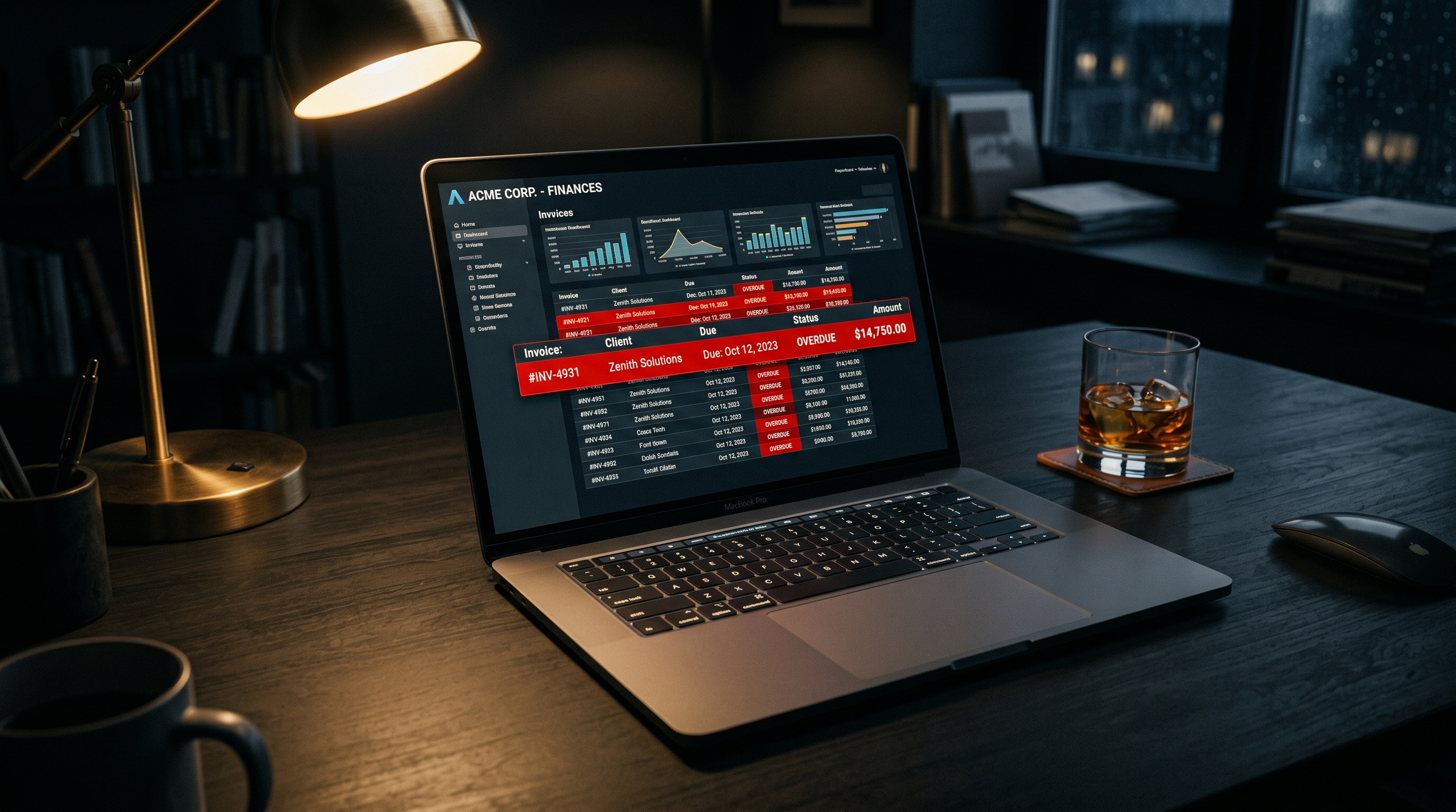Laptop showing an overdue invoices dashboard on a dark desk