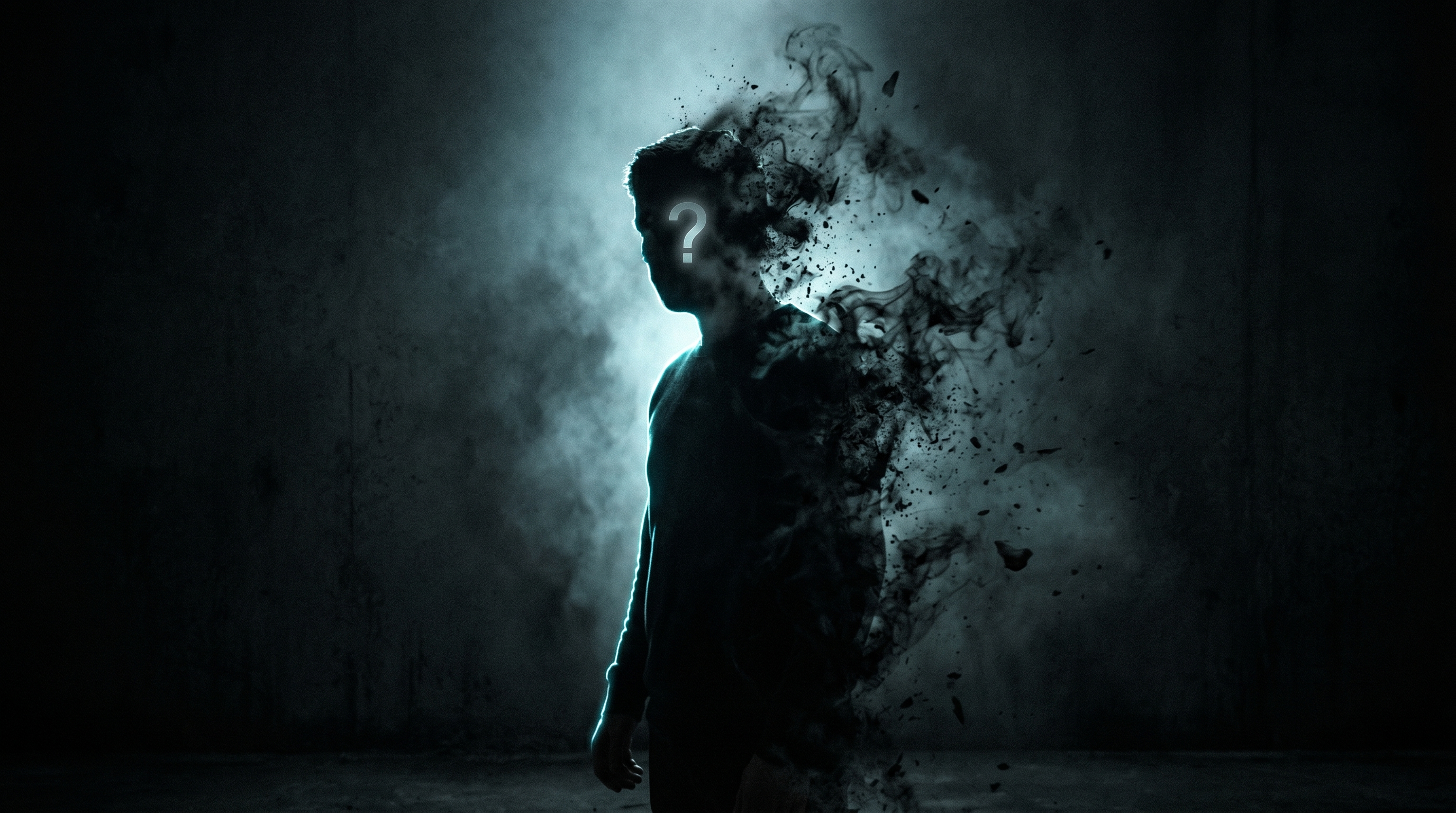Human silhouette dissolving into smoke with a question mark
